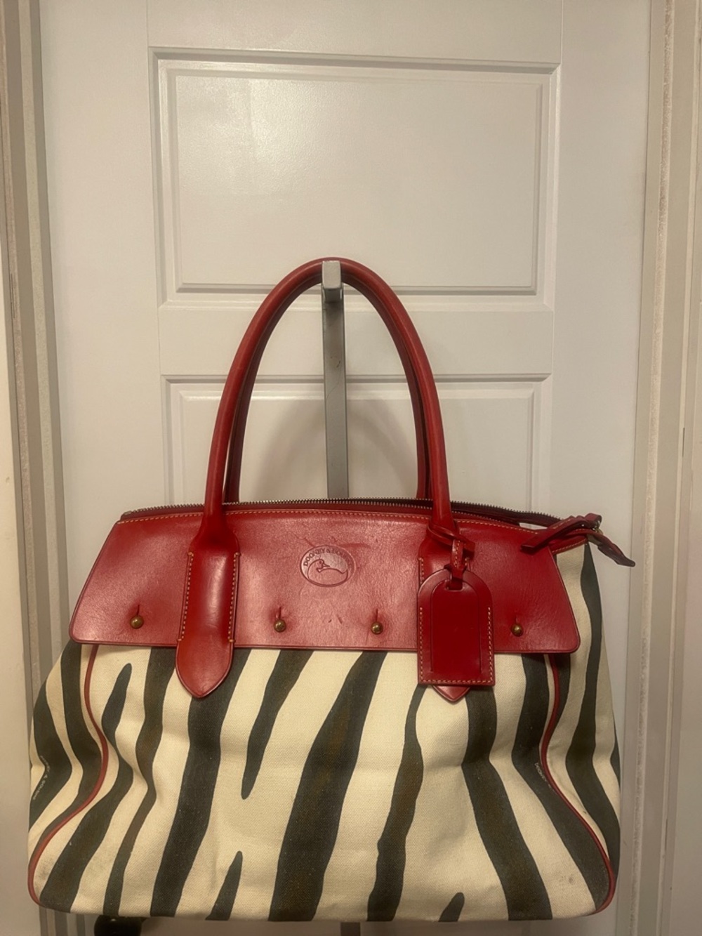 Red Leather-Trimmed Zebra Print Tote Bag